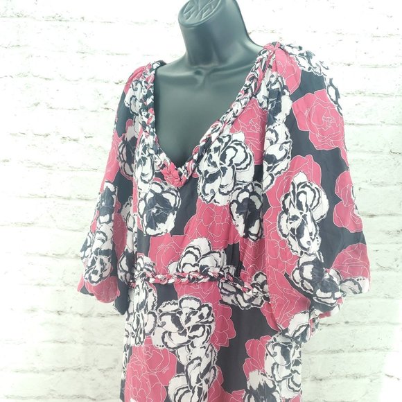 Dyvna Womens Pink Graphic Flower Semi Sheer 3/4 Sleeve Ruffle Sheath Dre… - Picture 2 of 13